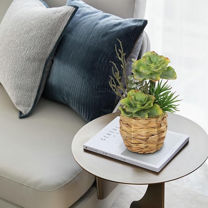 10" Large Succulents Plants Artificial in Wooden Pots, Potted Faux Succulent Arrangement with Woven Pots, Fake Desk Succulents Plants for Home Bathroom Shelf Table Indoor Decor