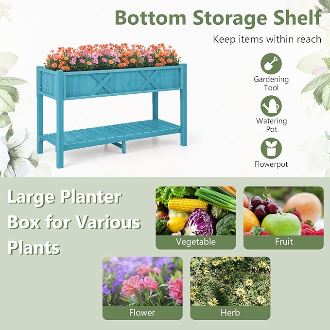 Giantex HIPS Raised Garden Bed, Elevated Planter Box w/Legs, Storage Shelf, Drainage Holes, Weather-Proof Standing Raised Beds for Backyard Porch Balcony Flower Herb (Blue, 44" x 18" x 29")