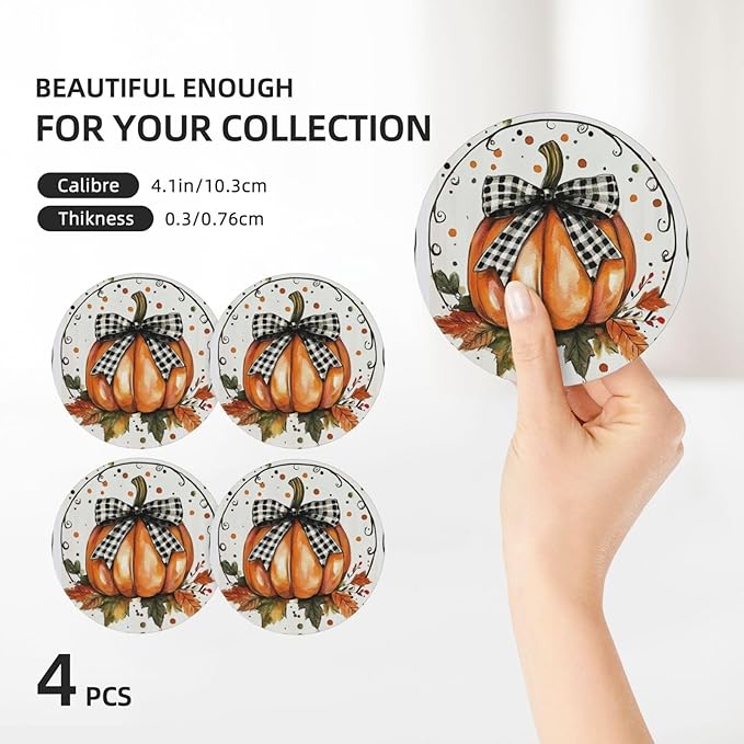 Autumn Bow Pumpkin Coasters for Drinks Fall Maple Leaves Absorbent Ceramic Coaster Set of 4 for Coffee Table Cup Bar Coasters with Cork Base Round Stone Mats Holiday New Home Decors