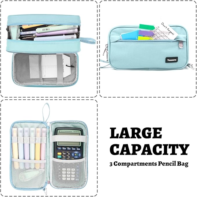 Pencil Case Big Capacity Pen Pouch Large Storage Holder Marker Pen Bag Durable 3 Compartment School Office Desk Organizer Portable Cute Zipper Stationery for Kids Teen Student Boys Girls Adults