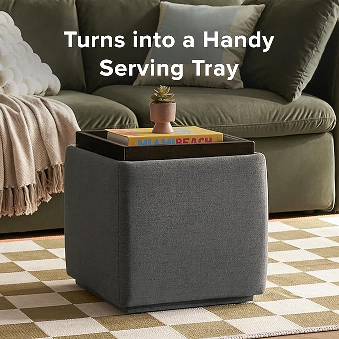 mopio Levi Storage Ottoman with Reversible Tray, Modern Square Chest Coffee Table, Upholstered Cube Sitting Foot Stools Ottoman for Living Room, Bedroom, Entryway (Fabric, Dark Gray)