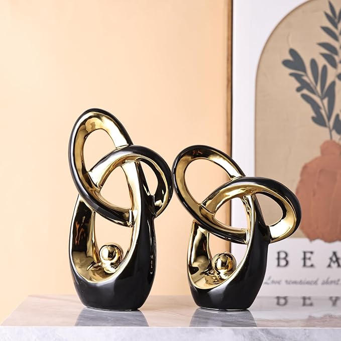 Black Gold Modern Abstract Art Home Decor Accent,Statues Coffee Table Decor for Living Room,Table Centerpieces for Dining Room,Ceramic Sculptures and Gold Knick Knacks for TV Stand Decor (Black Gold)