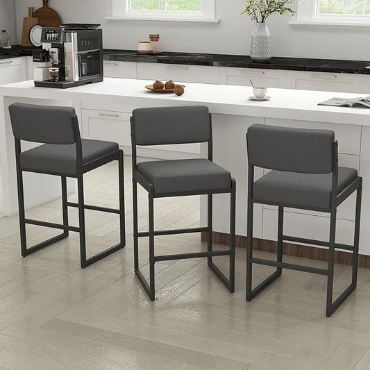 Mid Century Modern Counter Height Bar Stools Set of 3, 26" Bar Height Chairs with Backs, Upholstered Counter Stools, Metal Barstools for Kitchen Island (Darkgray- Fabric, 26" H - Set of 3)