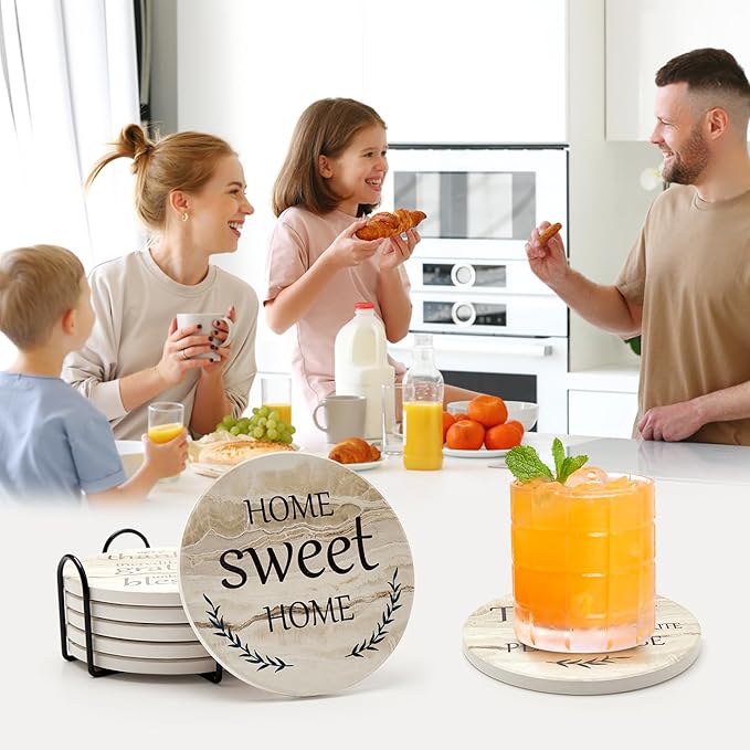 Best Housewarming Gifts for New Home Drink Ceramic Coasters Set of 6 Farmhouse Coffee Table Decor Outdoor Coaster Set with Holder Cup Coasters Decorative Christmas Home Gift for Family House