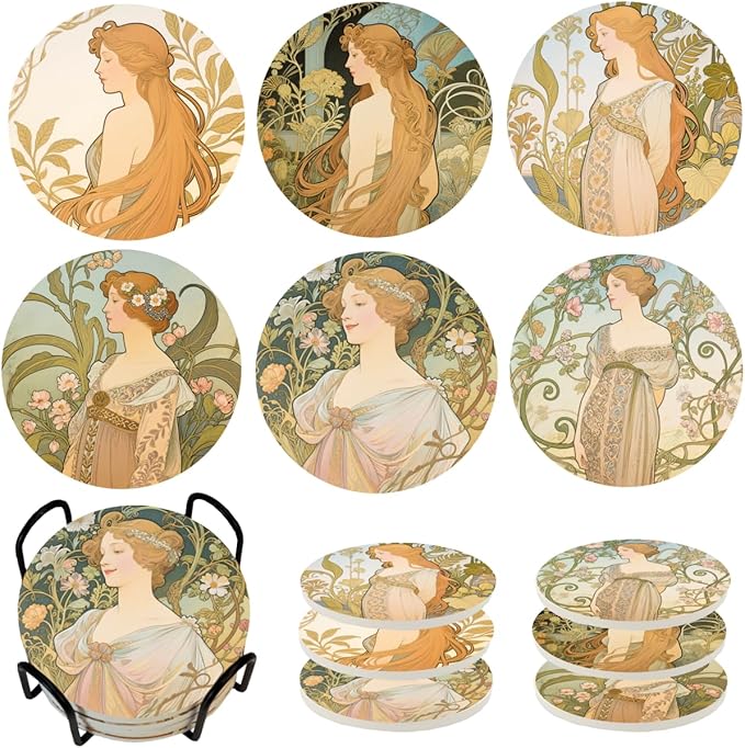 Mucha Style Vintage Floral Woman Coasters Set of 6 with Holder, Absorbent Ceramic Drink Coasters for Home, Office Gifts