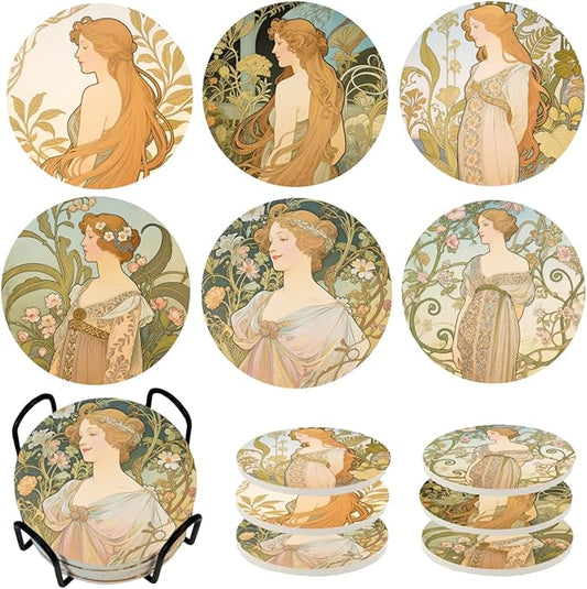 Mucha Style Vintage Floral Woman Coasters Set of 6 with Holder, Absorbent Ceramic Drink Coasters for Home, Office Gifts