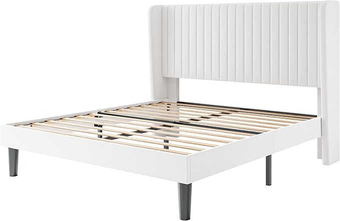 SHA CERLIN Full Size Velvet Bed Frame with Vertical Channel Tufted Wingback Headboard, Upholstered Platform Bed with Wood Slats, No Box Spring Needed, Easy Assembly, White
