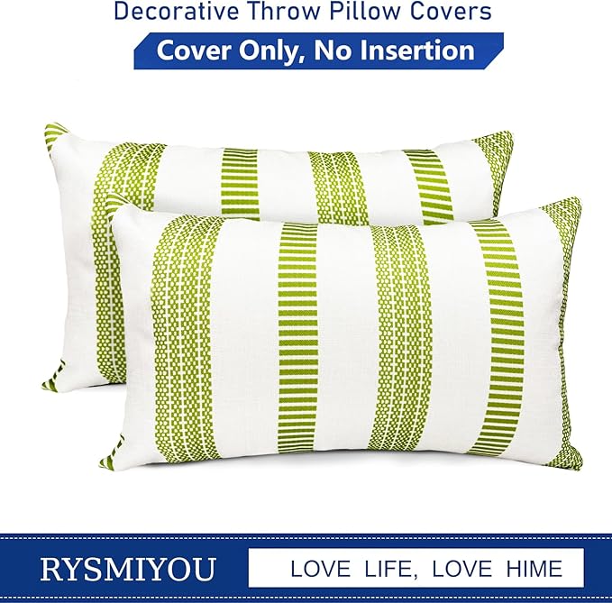 Decorative Throw Pillow Covers Set of 2 Grass Green Boho Striped Pillow Covers 12x20 Inch Throw Pillow Cover Linen Pillowcase Farmhouse Outdoor Pillow Covers for Couch Sofa Living Room