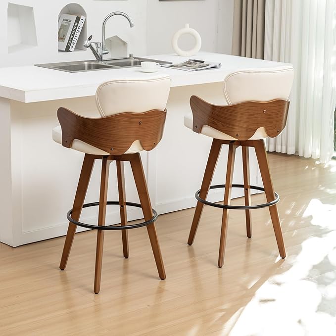 26.7” Swivel Bar Stools Set of 2,White Faux Leather Counter Height Stools with Armrest and Fishtail-Shaped Back,Mid Century Modern Barstools,Walnut Bar Chair for Kitchen Island or Home Bar