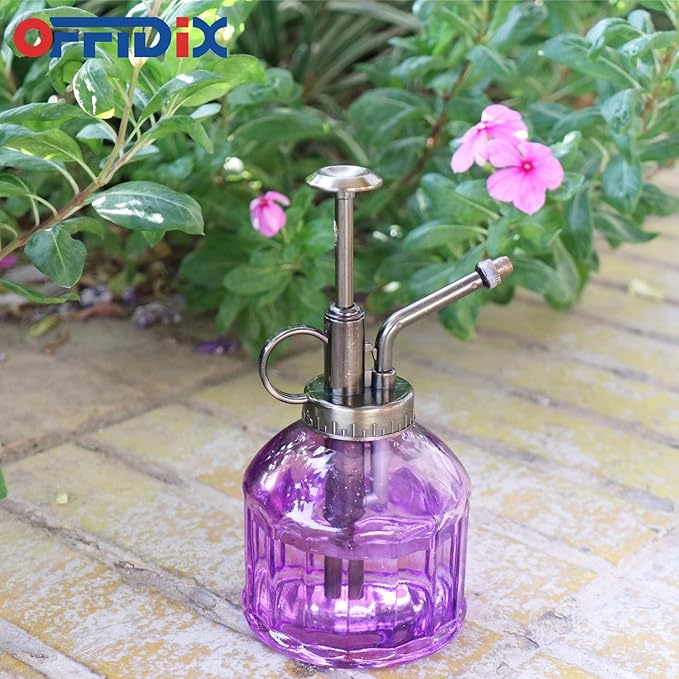 OFFIDIX Glass Watering Spray Bottle,Plant Mister Watering can Indoor with Bronze Plastic Top Pump, Glass Small Watering Can for Garden, Plants, Cleaning (Purple)