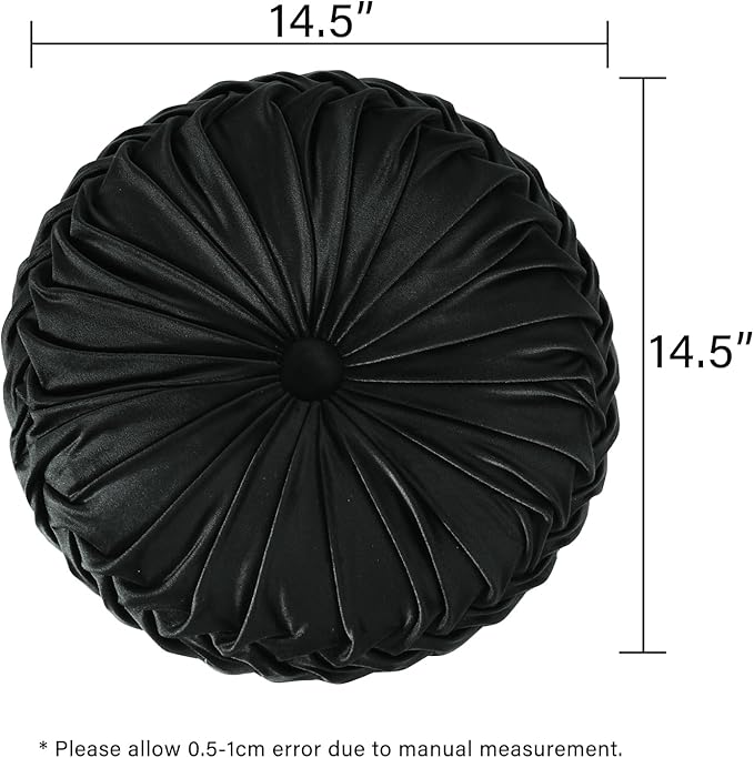 HIG Set of 2 Decorative Round Pleated Throw Pillows, Classy Accent Pumpkin Throw Pillows with Center Button, Vintage Velvet Floor Pillows for Sofa Vanity Chair Bed, Black, 14.5" Diameter(Ripple)