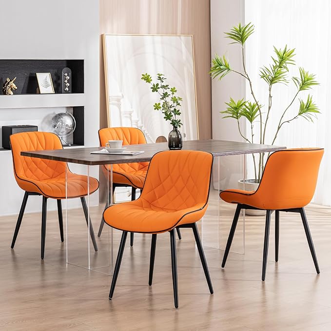 YOUNUOKE Dining Chairs Set of 2 Mid Century Modern Kitchen Chair Comfortable Upholstered Faux Leather Dinner Chairs for Kitchen Dining Room, Orange