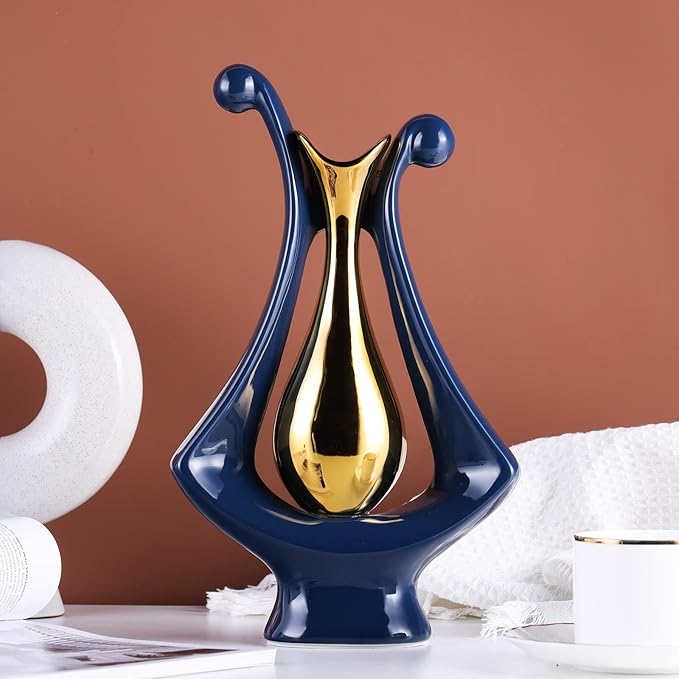 Navy Blue Gold Abstract Art Ceramic Vases for Home Décor Accent,Nordic Modern Minimalist Vases for Flowers,Shelf,Table Centerpieces,Bookshelf,Fireplace Mantle,Rustic,Wedding,Mid Century Décor