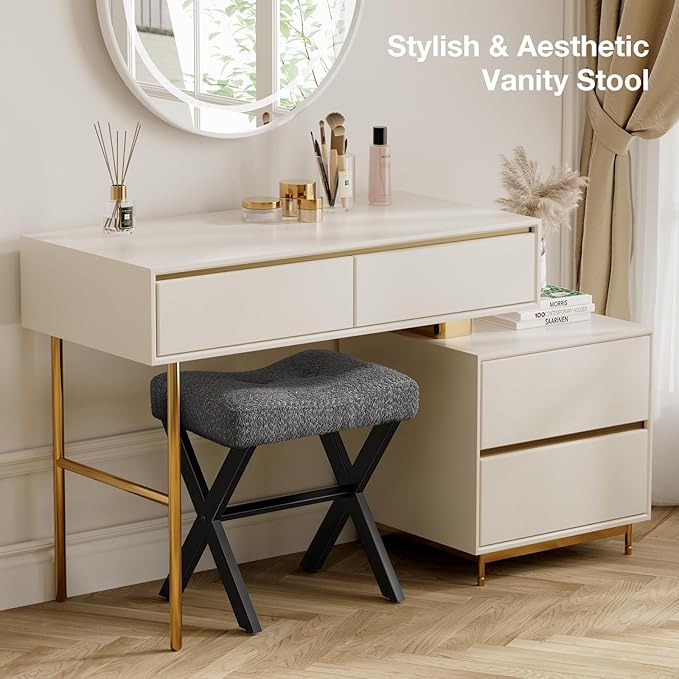 18-Inch Vanity Stool Chair, Vanity Bench with Metal X-Legs, Ottoman Accent Stool with Breathable and Soft Boucle Fabric Saddle Seat, Grey