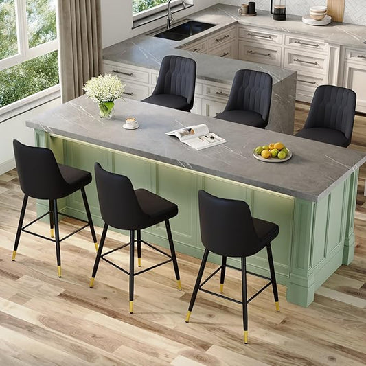 Black Bar Stools Set of 6,27" Counter Height Bar Stools Set of 6,Faux Leather Counter Stools with Soft Padded Seat & Curved Backrest,Modern Kitchen Island Chairs for Dining Café