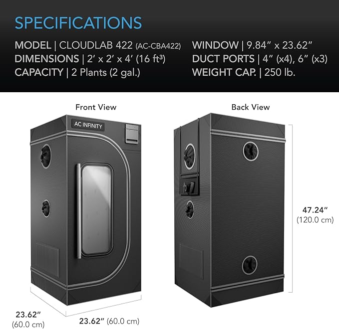 AC Infinity CLOUDLAB 422, Advance Grow Tent 2x2, Thickest 1" Poles, 2000D Mylar Canvas, Lab-Tested Highest Reflectivity, Largest Zipper Window, Controller Mount Plate, 24" x 24" x 48" Indoor Growing