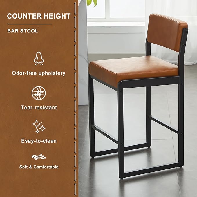 Mid Century Modern Counter Height Bar Stools Set of 3, 26" Bar Height Chairs with Backs, Upholstered Counter Stools, Metal Barstools for Kitchen Island (Brown- Faux Leather, 26"H - Set of 3)