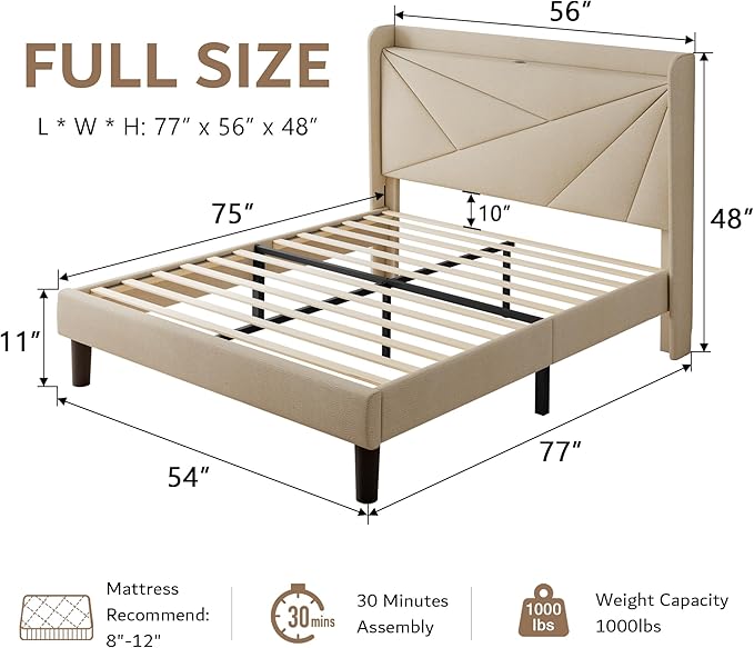 iPormis Full Size Bed Frame with Charging Station, Linen Platform Bed Frame with Wingback Upholstered Headboard, Solid Wood Slats Support, No Box Spring Needed, Easy Assembly, Beige