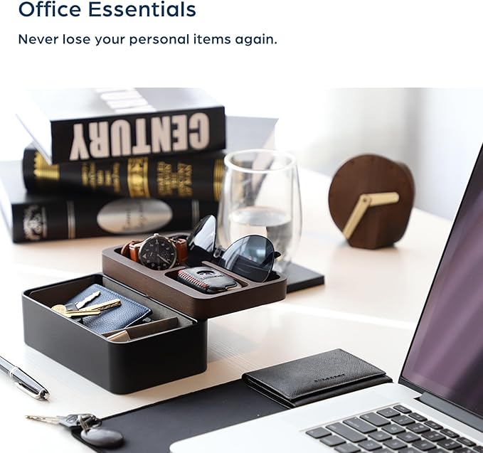 mordeco Revov Tray Box, EDC Valet Tray Box with Authentic Wood Magnetic Rotating Lid, Office Table, EDC Gear Organizer, Home Office, Desk Accessories (Black)