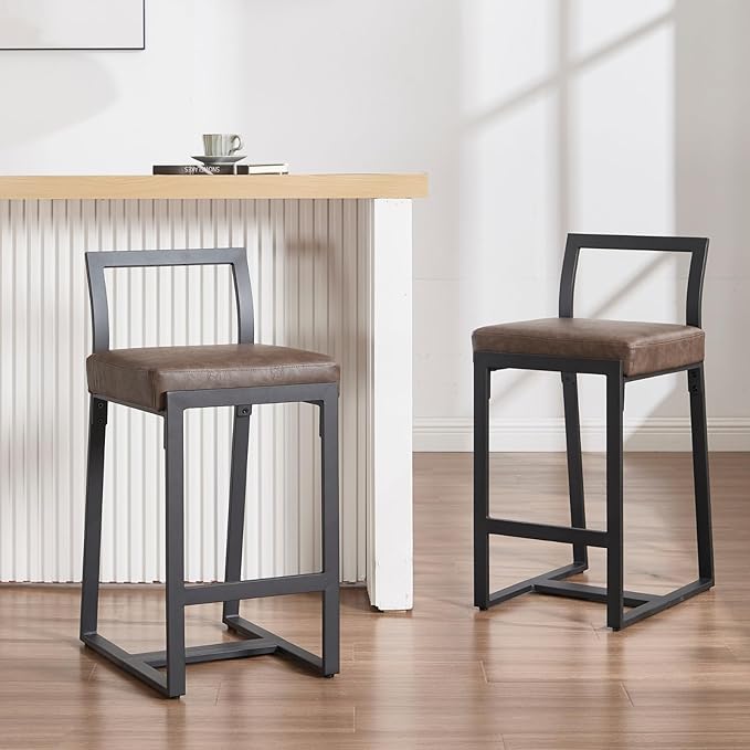 26’’ Modern Bar Stools Set of 4, Upholstered PU Leather Bar Chairs with Backrest Armless Counter Height Stools with Metal Frame for Kitchen Island Dining Room, Grayish Brown