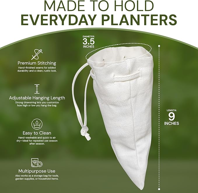 Organic Hemp Hanging Plant Bag – Reusable Natural Fiber Flower Pot Holder for Indoor & Outdoor Use – Fits 3.5 Inch Pots – Strong Drawstring – Ideal for Vertical Gardens, Orchids & Herbs 3-Pack