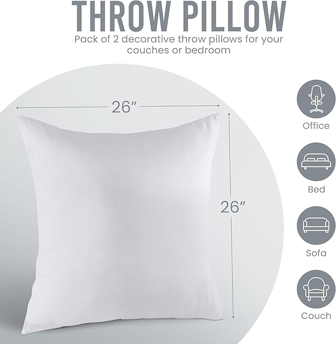 Utopia Bedding Throw Pillows Insert (Pack of 2, White) - 26 x 26 Inches Bed and Couch Pillows - Indoor Decorative Pillow