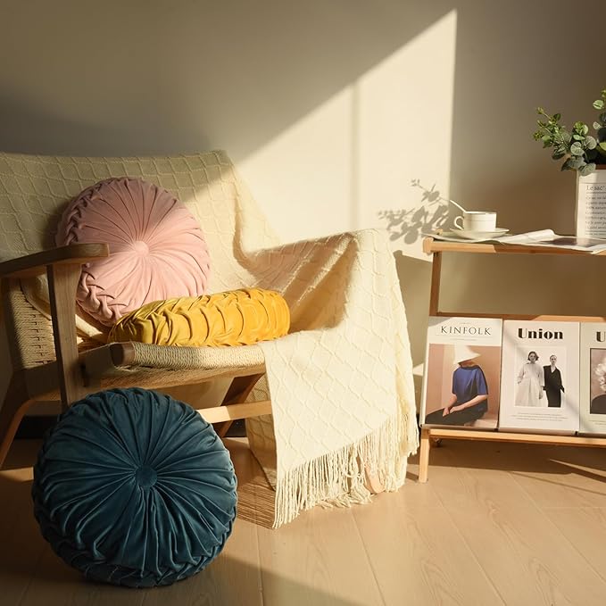 HIG Set of 2 Pink Ruched Velvet Round Throw Pillows – 14.5’’ Decorative Pillows with Soft Polyester Filling for Couch, Bed, Living Room, Bedroom, or Dorm – Handmade, Stress Relieving, All-Season