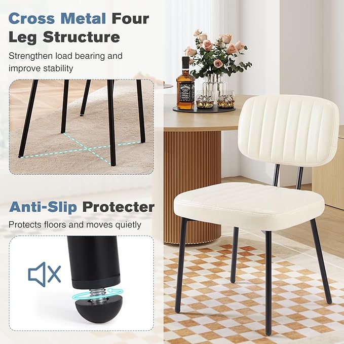 DUMOS Dining Chairs Set of 2, Upholstered Mid-Century PU Leather Accent Chair with Backrest and Metal Legs for Kitchen, Living Room, White