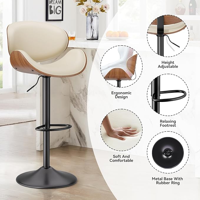 Swivel Bar Stools Set of 4, Seat Adjustable Height 23.5-32.5IN Bentwood Barstools with Back & Footrest, PU Leather Upholstered Counter Height Bar Chairs for Bar Kitchen Dining Room, Beige