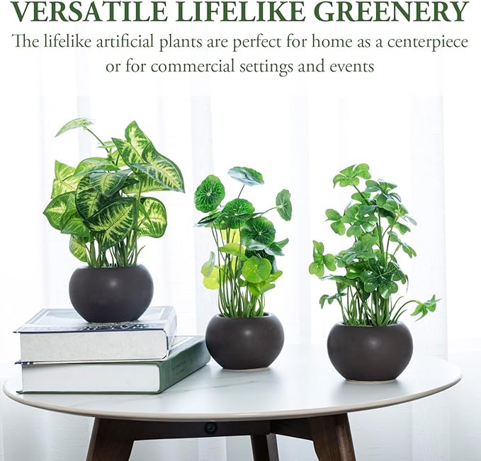 MyGift Modern Trio of Artificial Assorted Green Leaf Plants Potted in Decorative Round Brown Ceramic Pots, Faux Foliage Indoor Tabletop Houseplants, 3 Piece Set