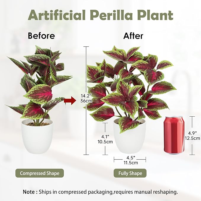 Artificial Plants Indoor 14.2" Small Fake Perilla Plant in Pot Potted Plants Artificial Decor Faux House Plant with White Pot for Farmhouse Home Office Bathroom Living Room Table Shelf Decor