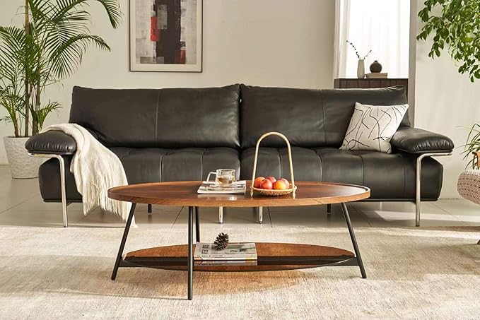 Shrine Glass Coffee Table, Black Walnut Table for Living Room, Glass and Wood Table, 43.3" D x 21.6" W x 15.7" H, Brown Glass Base, Walnut Wood Top&Black Metal Frame