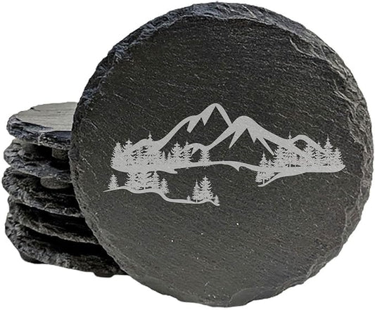 Mountain Majesty Slate Coasters with Stunning Mountain Scene Design - Perfect for Home and Office Decor and Protection of Surfaces, Available in Square or Round Coasters - Round Slate - Set of 4