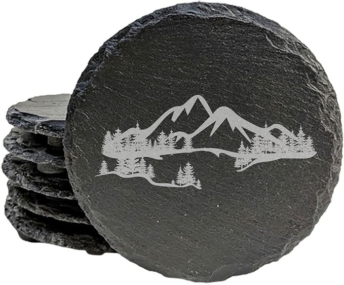 Mountain Majesty Slate Coasters with Stunning Mountain Scene Design - Perfect for Home and Office Decor and Protection of Surfaces, Available in Square or Round Coasters - Round Slate - Set of 5