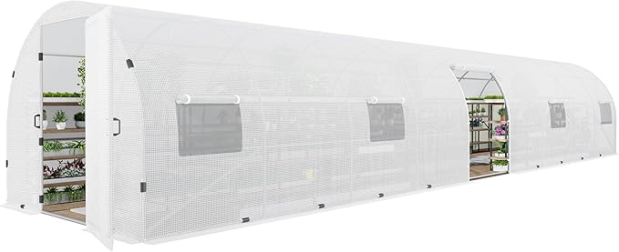 AMERLIFE 44x10x7.5 FT Tunnel Greenhouse for Outdoors, Large Walk-in Greenhouse kit with Galvanized Steel Frame, Swing Door & Premium PE Cover, White
