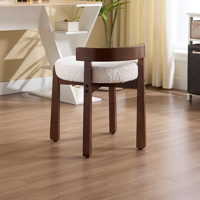 LukeAlon Cute Sherpa Upholstered Vanity Stool, Round Comfy Boucle Makeup Stool with Wooden Legs Small Ottoman Chair Modern Padded Seat Foot Rest for Makeup Room Cloakroom Bedroom, White