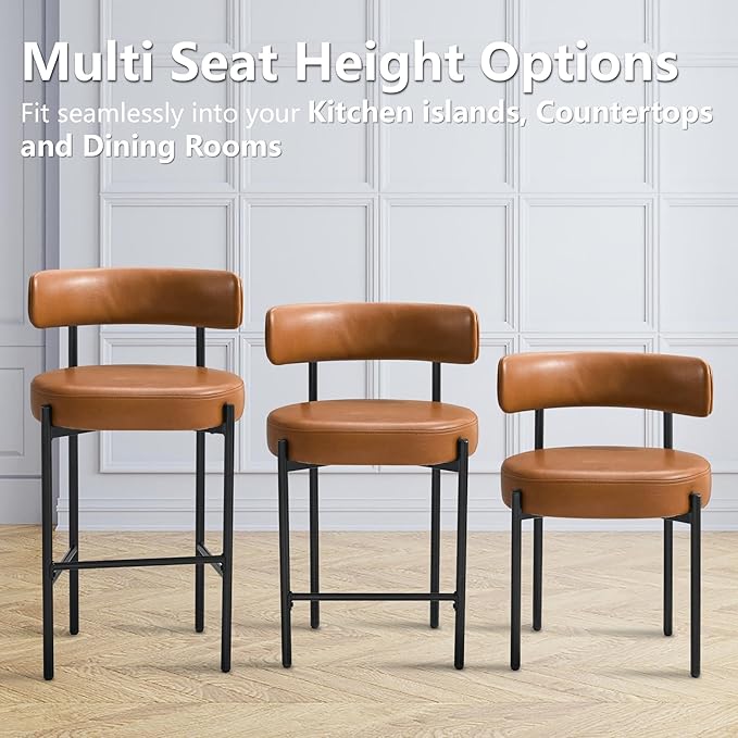 24'' Faux Leather Bar Stools Set of 2, Brown Bar Stools with Backs, Counter Height Bar Height Stools for Kitchen Island, Upholstered Bar Chairs