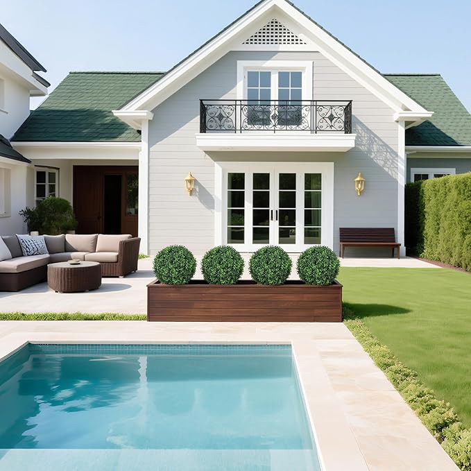 25.6'' Fake Plant Home Decor, UV Resistant Artificial Outdoor Topiary Ball Tree, Lifelike Outdoor Faux Plants with Spike, Easy to Install Boxwood Balls Fake Tree, Set of 4