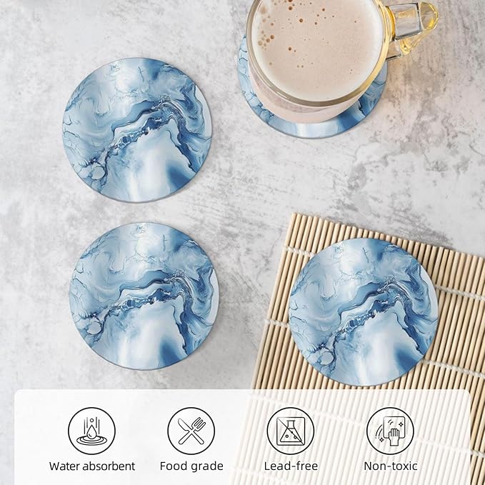 White Blue Marble Coasters for Drinks Absorbent Ceramic Coaster Set of 4 for Coffee Table Cup Bar Desk Round Coasters Mat with Cork Base Seasonal Home Decors