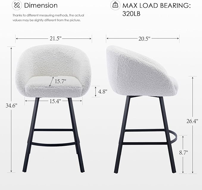 Zesthouse Swivel Counter Height Stools Set of 2, Modern Bar Stools for Kitchen Island, 26'' White Sherpa Kitchen Counter Height Chairs with Barrel Arms & Backs, Upholstered Fabric Bar Chairs
