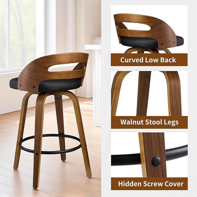 Swivel Bar Stools Set of 2, 26 Inch Counter Height Chairs with Walnut Wood Frame and Black Leather, Low Back, Footrest & Easy-Clean Design for Kitchen, Bar, or Dining Area