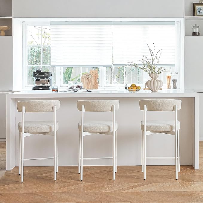 Beige Modern Bar Stools Set of 3, 24 Inch Counter Stools with Curved Backrest, Counter Height Bar Stools for Kitchen Island