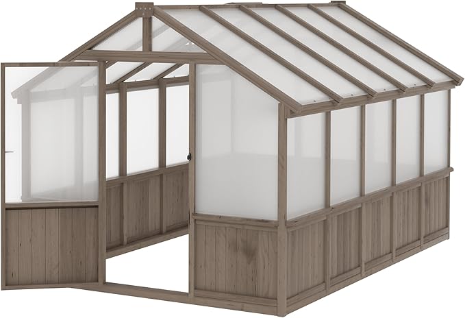 MUPATER 8 x 10FT Wooden Greenhouse with 6mm Polycarbonate Panels for UV Protection and Heat Insulation, Adjustable Ventilated Window & Lockable Door, Walk-in Greenhouse for Outdoors, Patio, Backyard