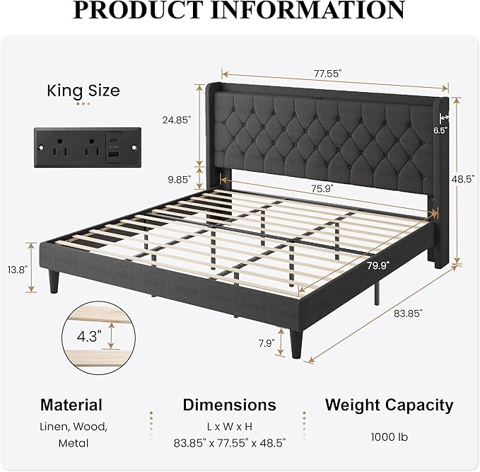 SHA CERLIN King Size Platform Bed Frame with Charging Station, Velvet Wingback Headboard with Storage Shelf, Wooden Slats Support, Ample Under-Bed Space, No Box Spring Needed, Easy Assembly, Dark Grey