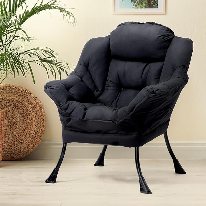 HollyHOME Fabric Lazy Chair with Foldable Ottoman, Accent Comfy Lounge Arm Chair and Folding Footrest Stool Set, Leisure Sofa Reading Chair and Footstool for Living Room, Bedroom, Dorm, Matte Black