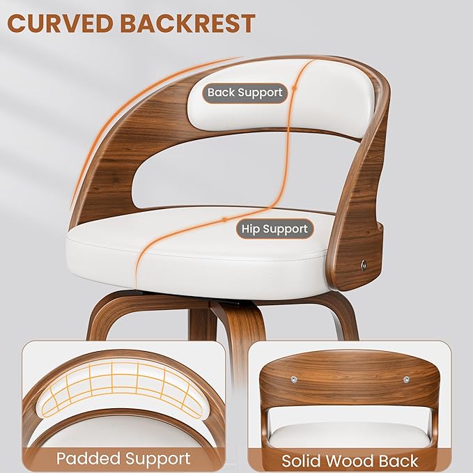 Bar Stools Set of 4, 26" Counter Height Barstools with Bentwood Legs, Swivel Counter Stools with Back, Mid Century Modern Faux Leather Upholstered Bar Chairs for Kitchen Island, White