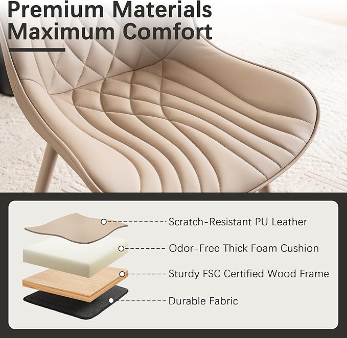 YOUTASTE All Khaki Dining Chairs Set of 2, Mid-Century Modern Armless Kitchen Chairs with Back, Faux Leather Upholstered Accent Chairs with Metal Legs for Living Room, or Bedroom