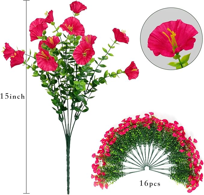 16 Bundles Artificial Flowers Outdoor Spring Summer Decoration Fake Silk Colorful Daisy Eucalyptus Realistic UV Outside Faux Plants for Garden Porch Window Box Home Decor Morning Glory Rose Red