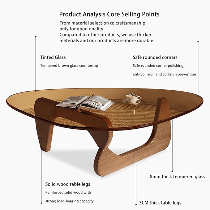 EASYSOUL Modern Glass Coffee Table, 32.68" D x 22.44" W x 15.75" H, Abstract Round Tea Tables for Living Room Home Office Industrial Cocktail Tables (Walnut-Brown Glass, 32.68")