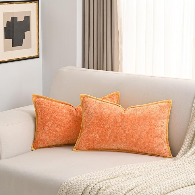 FUTEI Orange Chenille Throw Pillow Covers 12x20 Inch Set of 2,Soft Cozy Bound Edge Design Lumbar Pillow Cases,Home Decor for Couch Bed Living Room